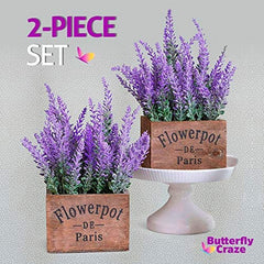 Butterfly Craze Faux Lavender Bunches In Brown Box Pots (Set Of 2) - For Home Decoration, Weddings & More - Lifelike Lavender Stems - Can Be Combined