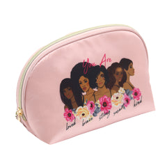 PINK SATIN SMALL DOME COSMETIC BAG WITH WOMEN AND FLORAL GRAPHIC