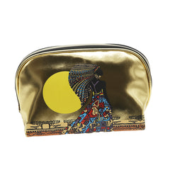 GOLD PU SMALL DOME COSMETIC BAG WITH WOMAN AND SUN GRAPHIC