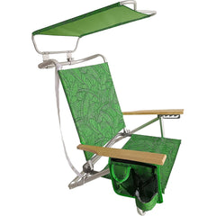 Bliss Folding Beach Chair with Canopy, Pocket, Cup Holder, &amp; Carry Straps - Green Banana Leaves