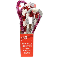 4ft Light Up Candy Cane Assorted Colors (5) Red/White UPC # 1-922341-056913 (4) Pink UPC # 1-922341-056937 (3) Silver 1-922341-056920 -12 pc per Display - Pre Sticked $5 - Priced and Sold By Pc