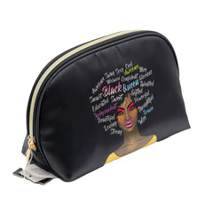 BLACK SATIN SMALL DOME COSMETIC BAG WITH WOMAN AND WORD GRAPHIC