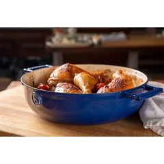 Cast Iron 4.5qt (30cm) braiser with Stainless Steel Lid Cast Iron with enamel coating interior and exterior, s/s 304, double wall lid, satin finished. Classic Blue