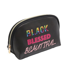 BLACK PU SMALL DOME COSMETIC BAG WITH BLACK, BLESSED AND BEAUTIFUL WORD GRAPHIC