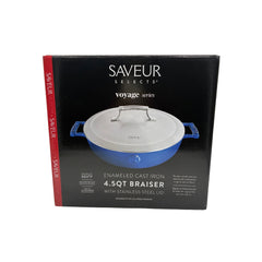 Cast Iron 4.5qt (30cm) braiser with Stainless Steel Lid Cast Iron with enamel coating interior and exterior, s/s 304, double wall lid, satin finished. Classic Blue
