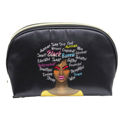 BLACK SATIN SMALL DOME COSMETIC BAG WITH WOMAN AND WORD GRAPHIC