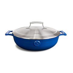 Cast Iron 4.5qt (30cm) braiser with Stainless Steel Lid Cast Iron with enamel coating interior and exterior, s/s 304, double wall lid, satin finished. Classic Blue
