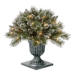 24 Glittery Bristle® Pine Porch Bush in Dark Bronze Plastic Urn with 6 White Tipped Cones & 50 Twinkly™ LED Lights-UL