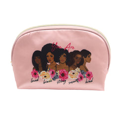 PINK SATIN SMALL DOME COSMETIC BAG WITH WOMEN AND FLORAL GRAPHIC