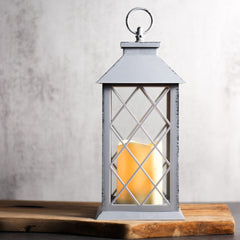 GRAY LANTERN ~ Dimensions: 5.5 x 13.5 LED lights, 2x AA Batteries (not included) 5 hour timer