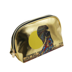 GOLD PU SMALL DOME COSMETIC BAG WITH WOMAN AND SUN GRAPHIC