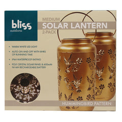 Bliss Med-2pck Decorative Outdoor Slr Lantern-wht Only Led-hummingbird-gold