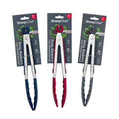 SharpChef 9" Silicone Food Tongs - (8)Navy, (8)Red, (8)Grey