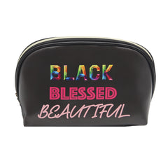 BLACK PU SMALL DOME COSMETIC BAG WITH BLACK, BLESSED AND BEAUTIFUL WORD GRAPHIC