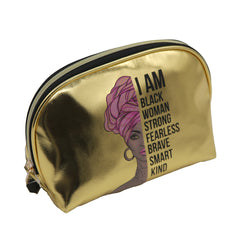 GOLD PU SMALL DOME COSMETIC BAG WITH WOMAN AND WORD GRAPHIC