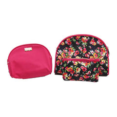 Jones NY -3-PC BLACK FLORAL PRINT AND FUCHSIA TRIO MIX COSMETIC BAG SET