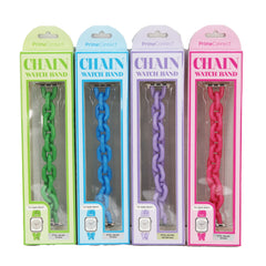 Chain Apple Watch Band Assorted Colors/Assorted Sizes- Serie 1-6 SE FITS 38/40/41 MM -Pink ( UPX # 195202079673) , Blue (UPC # 195207079680), Purple ( UPC # 195207079697 )Green ( UPC # 1952079703) /  Serie 1-9 SE ULTRA FITS 42/44/45/49 MM - Pink ( UP