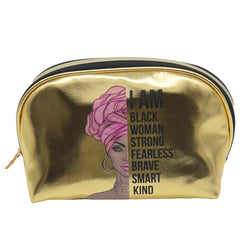 GOLD PU SMALL DOME COSMETIC BAG WITH WOMAN AND WORD GRAPHIC