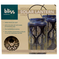 Bliss Med-2pck Decorative Outdoor Slr Lantern-wht Only Led-tropical Leaf-brushed Blue