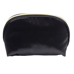 BLACK SATIN SMALL DOME COSMETIC BAG WITH WOMAN AND WORD GRAPHIC