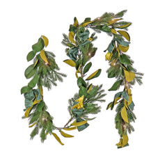 9' Christmas Magnolia Mix Pine Garland with Fabric Bow and 75 Warm White LED Battery-Operated Lights with Remote Control- BAT- Pack 1