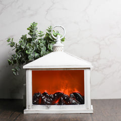 WHITE FIREPLACE ~ Dimensions: 8.25 x 9 LED lights, 3x C Batteries (not included) 5 hour timer