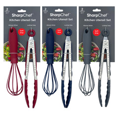 SharpChef Soft Grip Silicone Whisk & 9" Food Tong Set - (8)Red, (8)Navy, (8)Grey