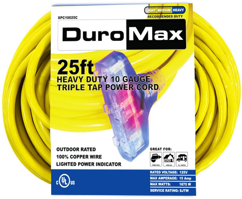 Load image into Gallery viewer, Duromax XPC10025C 25 Foot 10 Gauge Triple Tap Extension Power Cord
