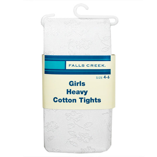Fallscreek Girls Heavy Cotton Tights (White w/Silver Floral Pattern) - Size 4-6