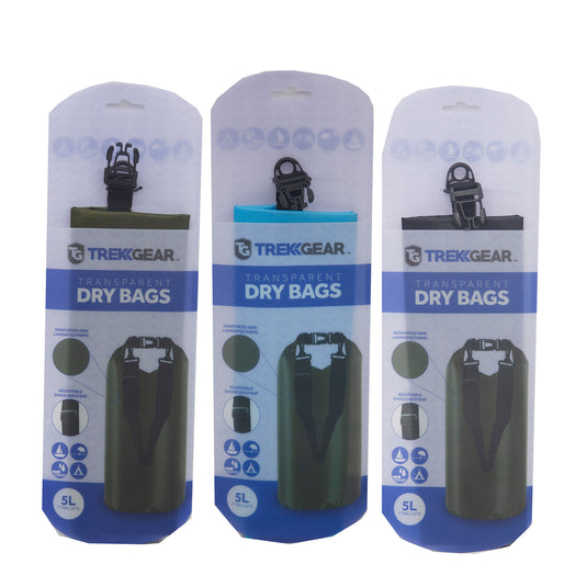 Bliss Trek 5 Liter Dry Bag w/ 2 cm Adj Strap - Assorted Colors Blue, Green, Black
