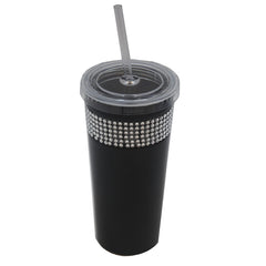 Rhinestone Black Plastic Cup with Lid And Straw 16 oz